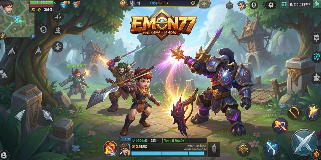 Tangkapan layar gameplay EMON77 menampilkan aksi seru dan dunia yang luas.