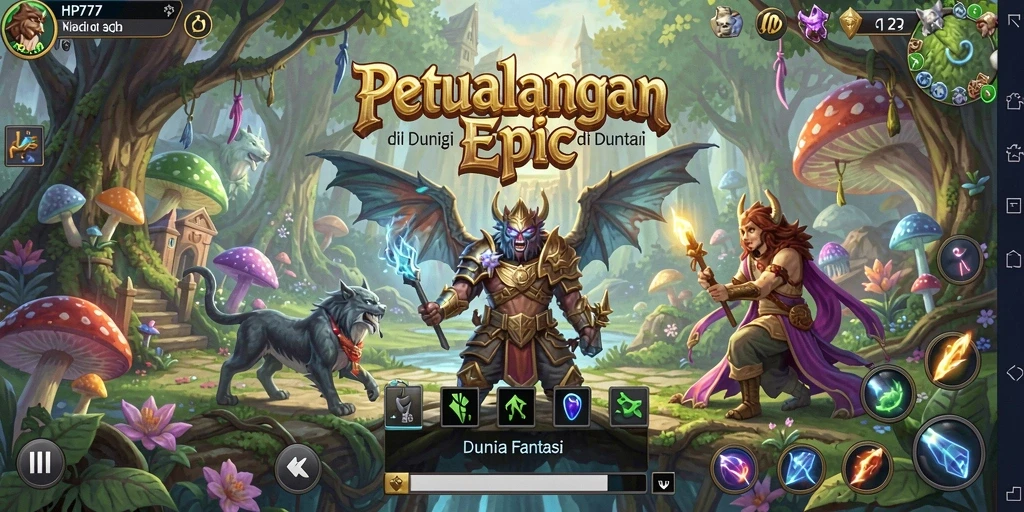 Screenshot gameplay HP777 menunjukkan pertarungan epik dan dunia fantasi yang indah.