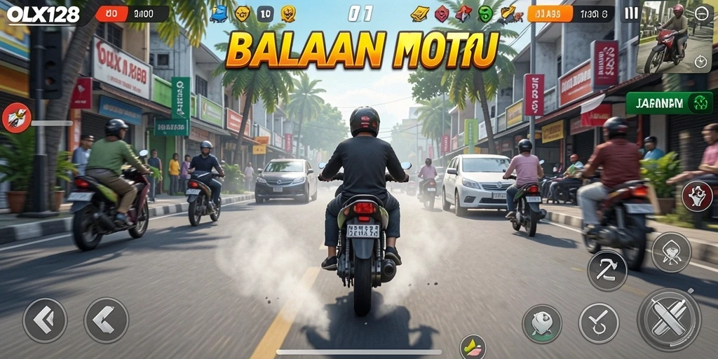 Tampilan seru saat balapan motor di OLX128 dengan grafis menawan.