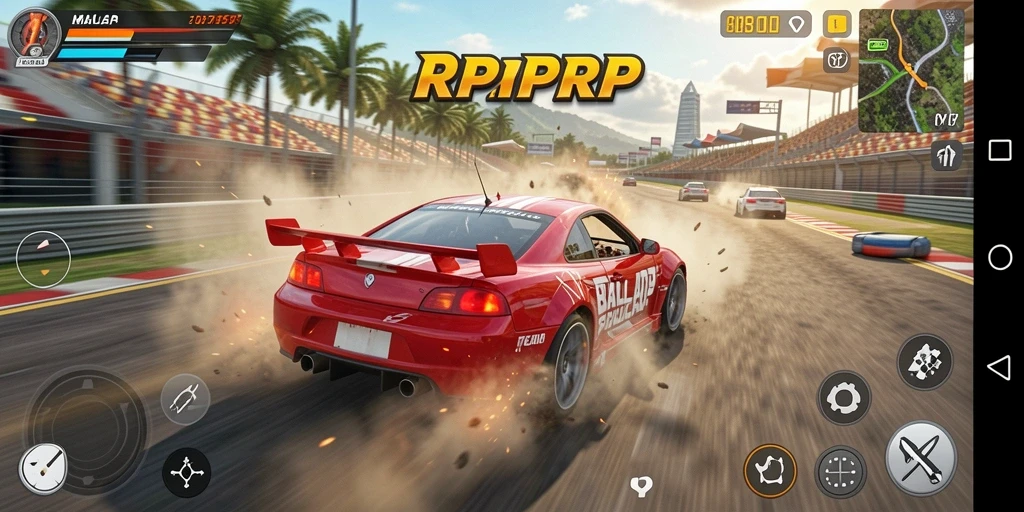 Screenshot gameplay RPRPRP yang menampilkan aksi balapan mendebarkan.